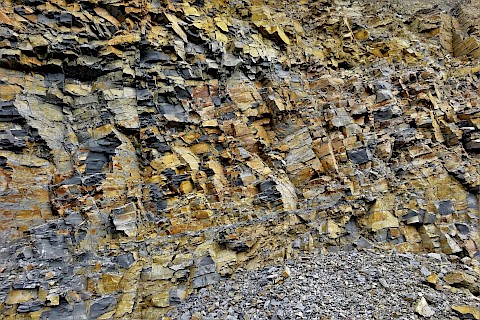 Lower part of the weathering zone with thin ferric coverings on separation planes (2017)