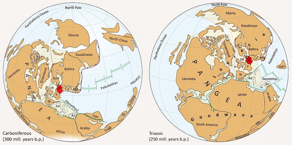 Reconstruction of the global plate tectonic development from the Carboniferous to the Triassic, modified from Meschede (2015)