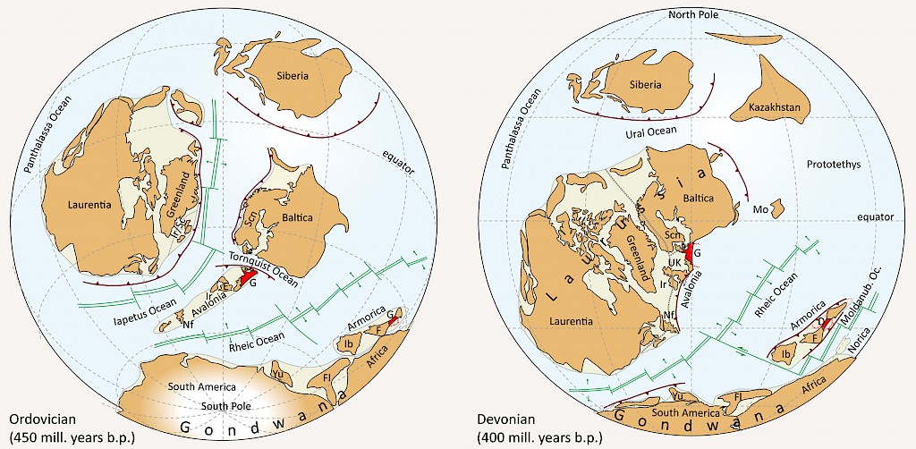Reconstruction of the global plate tectonic development in the Ordovician and Devonian, modified from Meschede (2015)