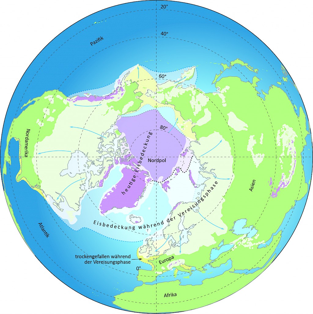 Maximal glaciation of the northern hemisphere during the last quaternary ice age (light yellow) compared to the present glaciation (purple) / from Meschede (2015)